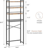 Over The Toilet Storage Rack, Bathroom Organizer with 3 Shelves & Basket, Space Saver Over Toilet Shelf with Adjustable Hooks, Rustic Brown and Black