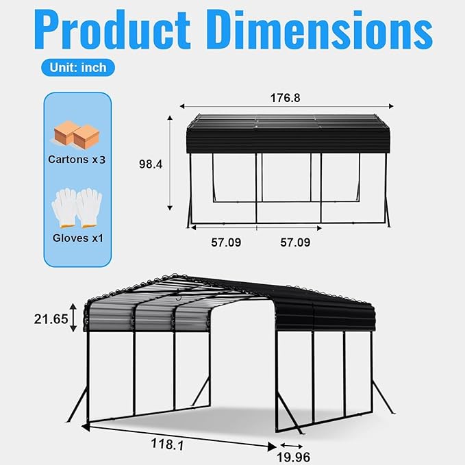 10x15FT Metal Carport, Heavy Duty Carport with Reinforced Frame & Side Support Poles for All-Weather, Outdoor Car Port Suitable for Parking Pickup, Boat, Car, and Tractor