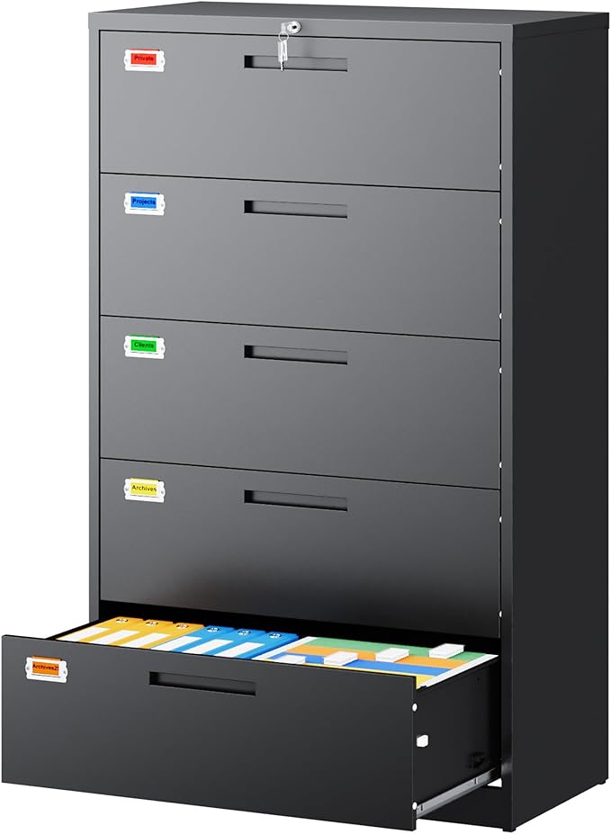 5 Drawer File Cabinet, Lateral Filing Cabinets for Home Office, Office Storage Drawers with Lock, Hanging Files Legal/Letter A4 Size (Assemble Required,Black)