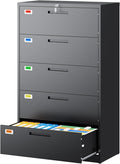 5 Drawer File Cabinet, Lateral Filing Cabinets for Home Office, Office Storage Drawers with Lock, Hanging Files Legal/Letter A4 Size (Assemble Required,Black)