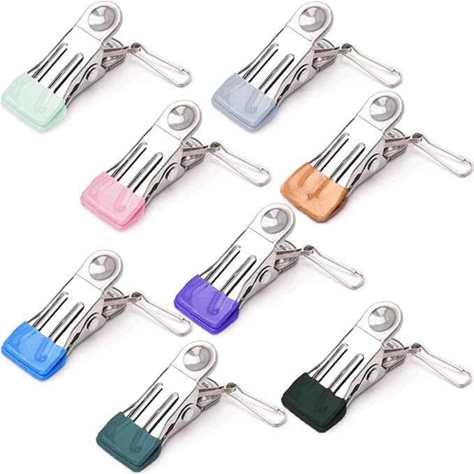 Clothes Pins with Removable Hook, 32 Pack Stainless Steel Colored Clothespins for Laundry, Heavy Duty Clothing Pins for Clothes Line, Multipurpose Metal Clips for Hanging Clothes, Socks, Towel, Snack