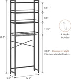 Over The Toilet Storage Rack, Bathroom Organizer with 3 Shelves & Basket, Space Saver Over Toilet Shelf with Adjustable Hooks,Black