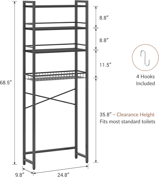 Over The Toilet Storage Rack, Bathroom Organizer with 3 Shelves & Basket, Space Saver Over Toilet Shelf with Adjustable Hooks,Black