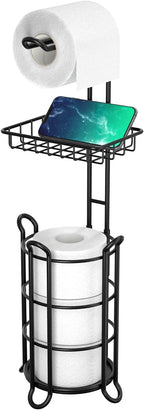 Matte Black Bathroom Freestanding Toilet Paper Holder Tissue Roll Holder Stand with Shelf Storage Holds 4 Jumbo Rolls Phone and Wipes