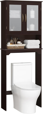 Yaheetech Over The Toilet Storage Cabinet, Free Standing Toilet Rack with Adjustable Shelves and Tempered Glass Doors for Bathroom Washroom, Espresso