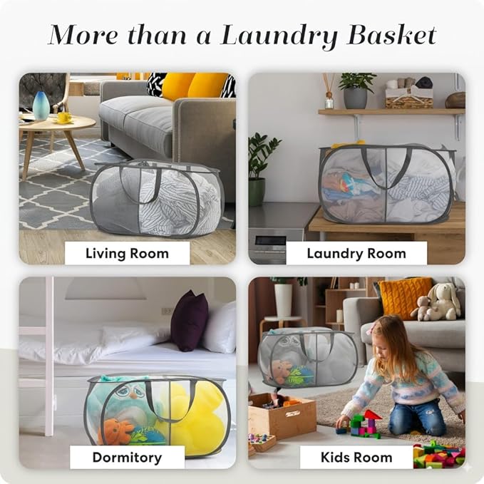Handy Laundry Collapsible Laundry Basket, 2-Compartment Mesh Pop Up Hamper with Handles – Foldable, Space-Saving Dirty Clothes Organizer for Dorm, Travel, Laundry Room, Grey