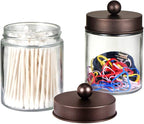 Amolliar Apothecary Jars Bathroom Storage Organizer - Cute Qtip Dispenser Holder Vanity Canister Jar Glass with Lid for Cotton Swabs,Rounds,Bath Salts,Makeup Sponges,Hair Accessories/Bronze (2 Pack)