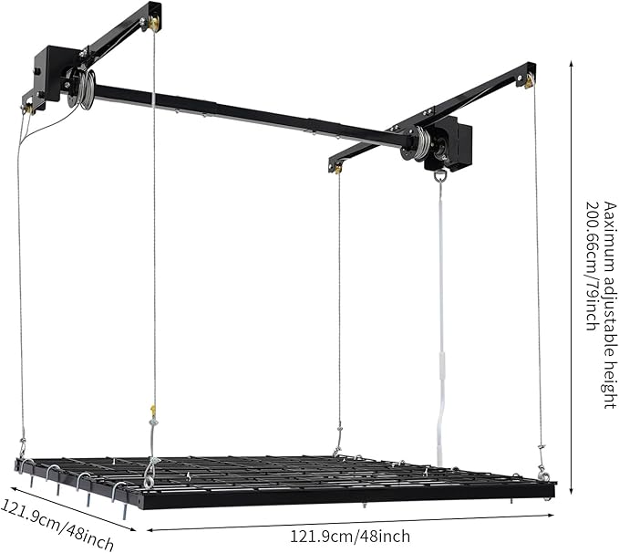 Ceiling Mount Garage Storage Rack 48x48 Inch, 300lbs Capacity Overhead Lifting Storage Rack with Adjustable Height up to 79 Inch, Heavy Duty Carbon Steel for Garage Warehouse Tool Storage, Matte Black