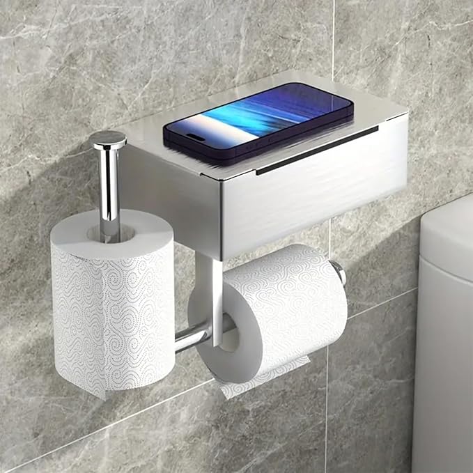 Modern Wall Mount Toilet Paper Holder with Storage Box, Silver Metal, Double Roll Capacity, Phone Shelf, 8.07x4.92x2.56 Inch