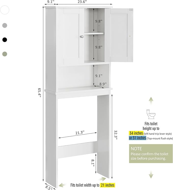 Meilocar Over the Toilet Storage Cabinet, Bathroom Storage Cabinet White Organizer Over Toilet, Bathroom Space Saver with Adjustable Shelf, White