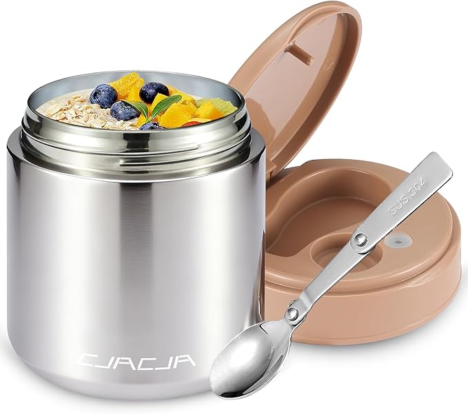 Thermo for Hot Food Kids - 15.2 Oz, Insulated Food Jar for Soup, Width Mouth Stainless Steel Insulated Lunch Container with Folding Spoon, Stainless Steel