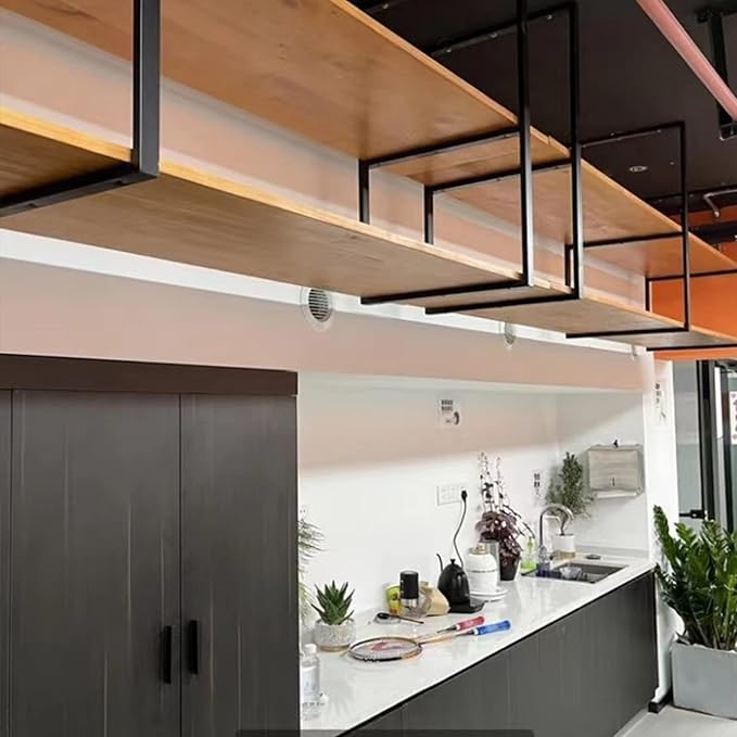 Hanging Ceiling Shelf Nordic Iron Solid Wood Ceiling Shelves, 2 Tier Ceiling Mounted Storage Rack, Hanging Decorative Flower Stand, for Kitchen/Bar/Restaurant, Black (Size : 140x30
