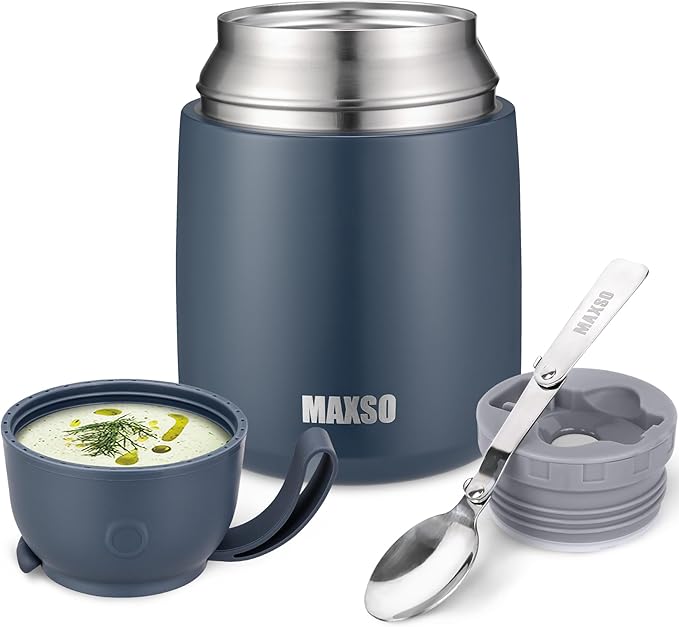 MAXSO Soup Thermo for Hot & Cold Food for Adults Kids, 17 oz Vacuum Insulated Steel Lunch Container Bento Box with Spoon, Leakproof Thermal Food Jar for School Office Travel - Dusty Blue