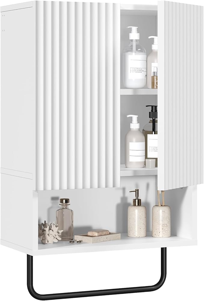Bathroom Wall Cabinet, Wall Mounted Medicine Cabinets with Towel Bar & Adjustable Shelf, Over The Toilet Space Saver Storage Cabinet with 2 Doors, for Bathroom Laundry Room Kitchen, White