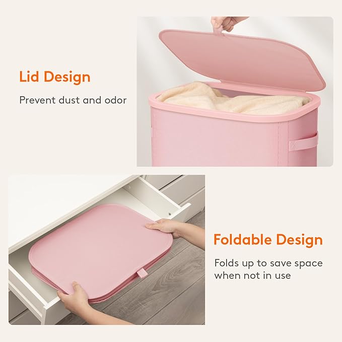 Lifewit 65L Slim Laundry Basket with Lid, Narrow Large Laundry Hamper with Plastic Handles and Removable Bag, Tall Foldable Dirty Clothes Hampers for Laundry Room, Bedroom, Bathroom, Dorm, Pink