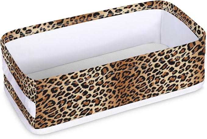 Leopard Print Bathroom Basket Foldable Toilet Tank Topper Paper Basket Waterproof Fabric Storage Organizer Bins Decorative Open Storage for Home Closet Containers Cabinet Set of 2