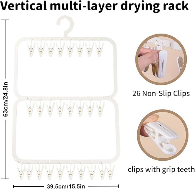 26-Clip Multi-Layer Clothes Drying Rack, BPA-Free ABS Laundry Hanger for Baby Clothes, Socks & Underwear, Heavy Duty Non-Foldable Hanger for Apartment, Nursery & Small Spaces (Off-White)