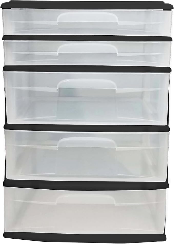 HOMZ Drawer Tower, 5-Tier Extra-Wide Clear Plastic Storage Organizer Cart, Black Frame - Stackable Container Boxes for Bedroom, Bathroom, Garage, and Office Organization
