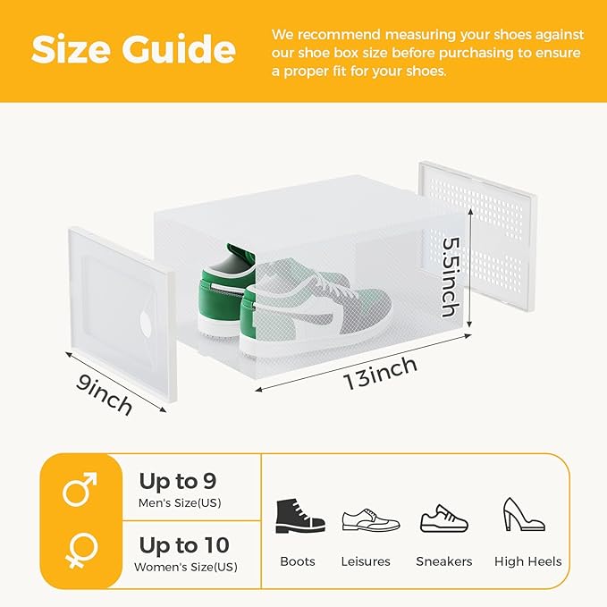 NEWBULIG 12 Pack Clear Shoe Storage Boxes, Shoe Organizer for Closet with Lid, Durable PE Transparent Shoe Containers Ideal for Sneakers, Heels & Boots, White