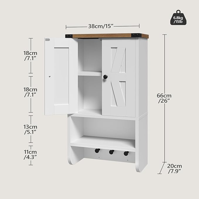 Bathroom Wall Cabinet, Farmhouse Medicine Cabinet with Adjustable Shelf, 3-Tier Wall-Mounted Storage Cabinet with 3 Hooks and Open Shelf, for Bathroom, Living Room, Kitchen, White and Walnut