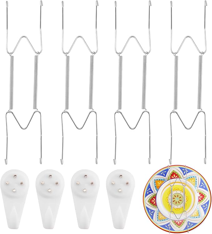 4 Pack Plate Hangers for Wall, Suitable for 9-12 inch Art Plate, Stainless Steel Invisible Heavy-Duty Wire Plate Holder with Wall Hooks, Display Hanger for Decorative Plates/Dishes/Platters(Silver)