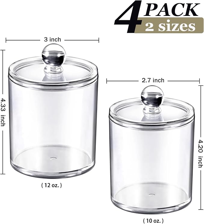 SheeChung 4-Pack Clear Acrylic Apothecary Jars - (2) 12oz & (2) 10oz Qtip Holder Set - Shatterproof Bathroom Vanity Organizer for Cotton Swabs,Balls,Pads,Floss Picks