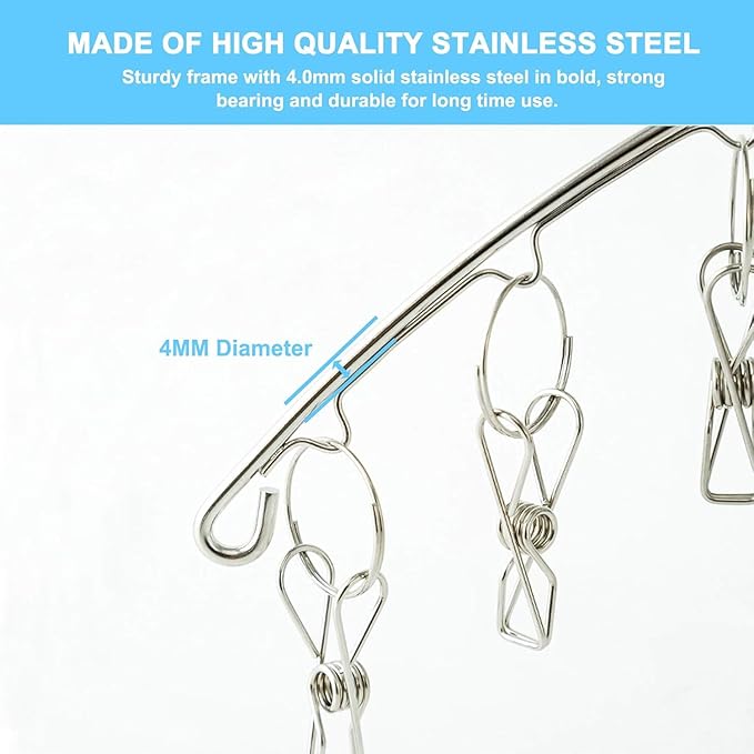 Clothes Drying Rack with 10 Clips, 2 Pack Laundry Drying Rack with Clothes-pegs, Stainless Steel Underwear Hangers for Drying Socks, Bras, Towel, Baby Clothes Hanger Windproof Hanging Clothes Pins