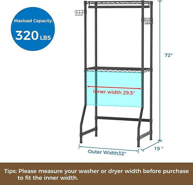 Over Washer and Dryer Shelves,2 Tier Adjustable Height Wire Shelving Laundry Room Storage Organization Clothes Drying Rack with Hanger Rod&Hooks,Space Saving Organizers Shelf,Black