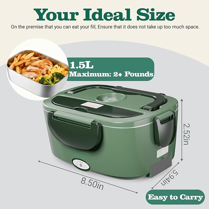Buddew Electric Heated Lunch Box for Adults - 80W Fast Heating, 1.5L Food-Grade Stainless Steel, 12V/24V/110V Portable Food Warmer for Work Travel Car, Lonchera Electrica Portatil