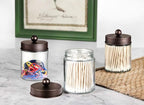 Amolliar 4Pc Apothecary Jars Bathroom Vanity Storage Organizer Set -Countertop Canister with Stainless Steel Lids &Cute Stickers - Qtip Dispenser Holder for Qtips,Cotton Swabs,Makeup Sponges (Bronze)