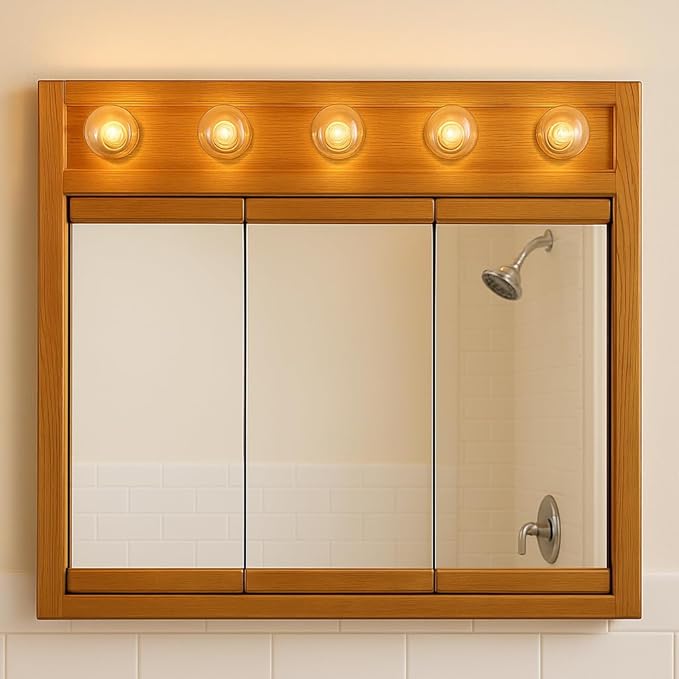 Design House Richland Medicine Cabinet with 5 Lights, Fully Assembled, Wall Mounted, 3 Mirrored Doors, Wood Frame, Oak Finish, 36 in x 5 in x 30 in, 530618-NOK