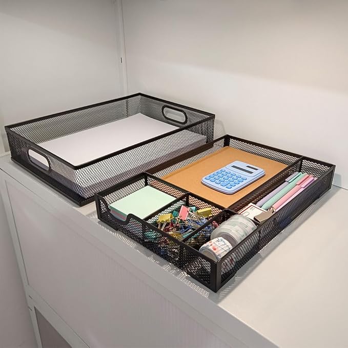 2 Pack Desk Drawer Organizer, Metal Mesh Drawer Organizer Tray for Office Home Supplies