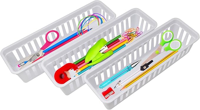 FEOOWV Classroom Pencil or Rubber Organizer Basket Trays, Office Supply Baskets Organization Trays for Home School Classroom Office 12 Pack (White)