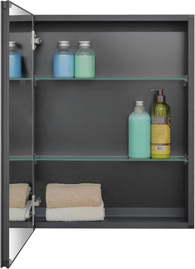 Fundin Medicine Cabinet 20 x 26 inches Mirror Size, Recessed or Surface Mount, Black Aluminum Bathroom Wall Cabinet with Mirror and Adjustable Shelves.