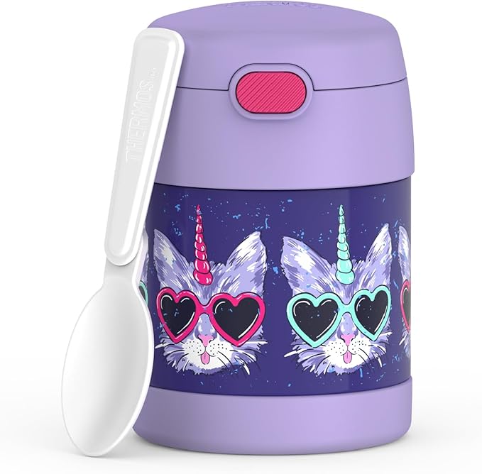 THERMOS FUNTAINER Insulated Food Jar, 10 Ounce, Kid Friendly Food Jar with Foldable Spoon, Cool Caticorns