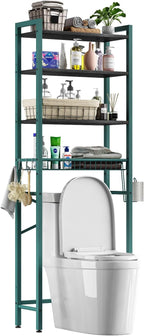 Over-The-Toilet Storage Rack, 4-Tier Bathroom Organizer Shelf Over Toilet with Adjustable Shelf and Basket, Freestanding Space Saver Bathroom Shelves Above Toilet for Room (Green- Black)