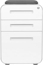 Laura Davidson Furniture STOCKPILE Curve Seated 3-Drawer Mobile File Cabinet with Removable Magnetic Cushion Seat - Metal Filing Cabinet, Pre-Assembled, White with Dark Grey Cushion