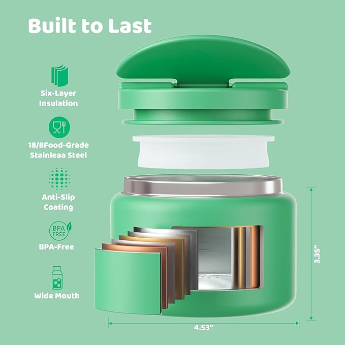 14.5oz Soup Thermo for Hot Food Kids Vacuum Insulated Food Jar Twist-Free Soup Thermo for Hot Food Kids Leakproof Stainless Steel Wide Mouth Lunch Container (Green)