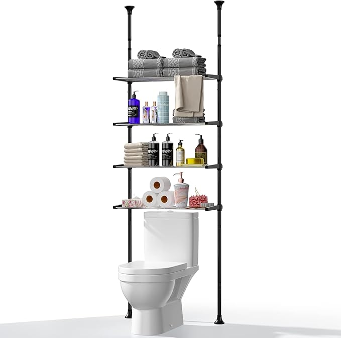 YeYeBest Over The Toilet Storage, 91-124 Inch Adjustable Bathroom Organizer, 4-Tier Stainless Steel Toilet Rack Storage Shelf, Bathroom Organizer, Easy to Assemble Spacesaver, DIY Size Height, Black