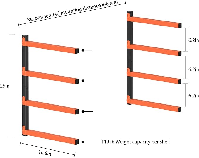 PINPON 4-Pack Heavy Duty Wall Mount Lumber Storage Rack, 4-Level Snap-Fit Wood Organizer with 16.8” Arms & 6.2” Shelf Spacing, 110 lbs Per Tier, for Garage & Workshop Indoor Outdoor Use, Black+Orange