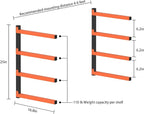 PINPON 4-Pack Heavy Duty Wall Mount Lumber Storage Rack, 4-Level Snap-Fit Wood Organizer with 16.8” Arms & 6.2” Shelf Spacing, 110 lbs Per Tier, for Garage & Workshop Indoor Outdoor Use, Black+Orange