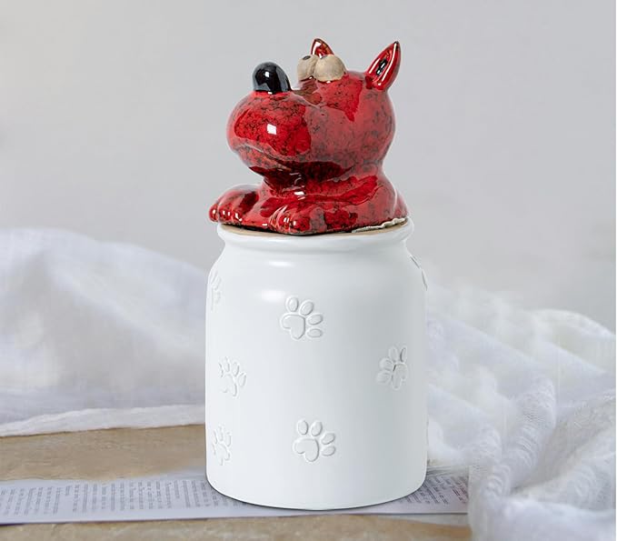 Dog Cookie Jar with Airtight Sealing Lid Matte White Ceramic Candy Jar with Lid– Cute Cartoon Dog Shape, Red‑Black Glaze Artistry