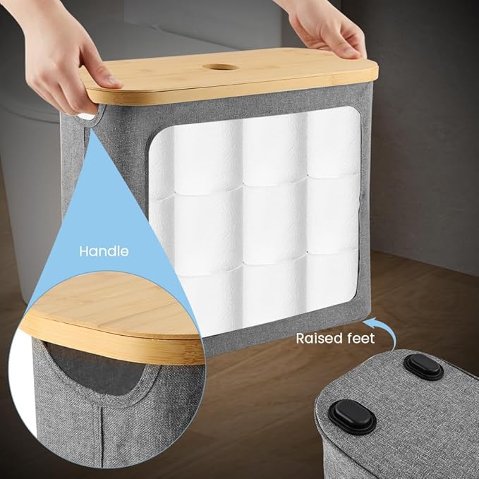 Extra Toilets Roll Storage for 12 Rolls, Toilet Paper Storage with Bamboo Lid, Collapsible Bathroom Toilets Papers Holder Organizer(Color:Grey)
