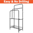 HarJue Towel Racks for Bathroom, 35" H Standing Towel Holder 3 Tier Metal Pool Towel Hanger Outdoor Floor with Storage Shelves for Blanket Bath Towel Drying (Matte Black)