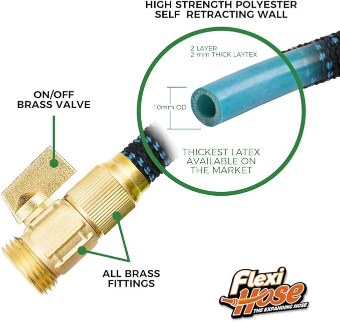 Flexi Hose Expandable Garden Hose with 8 Function Nozzle, 25FT - Lightweight Retractable Garden Hose, Water Hose - No-Kink Flexibility, 3/4 Inch Solid Brass Fittings and Double Latex Core