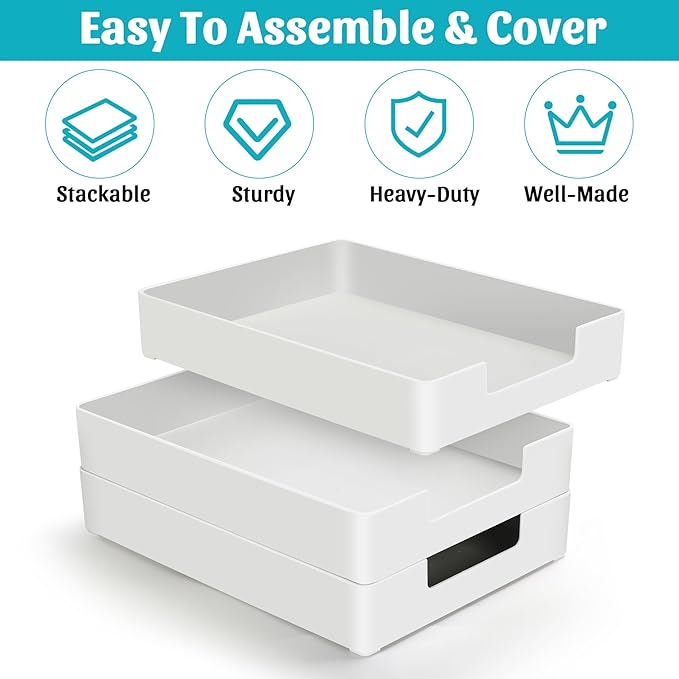 Letter-Size Tray Desk Letter Tray Paper Tray, Sturdy Heavy-Duty Plastic Printer Paper Tray, Single-Tier Stackable File Storage Organizer for Office Home (White ×2)