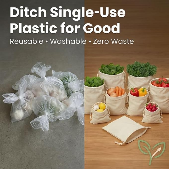 100% Reusable Cotton Produce & Bread Storage Bags, Pack of 6 (2 L, 2 M, 2 S), Breathable Muslin, Vegetable, Fruit Bags with Drawstring | Eco-Friendly Fridge & Kitchen Storage | Reusable, Eco-Friendly | Pure Cotton Material, Breathable Material, Reusabl...