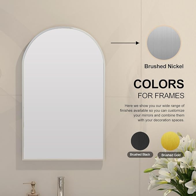 Arched Medicine Cabinet with Mirror,Recessed Medicine Cabinet Mirrors for Bathroom Mirror with Storage,Brushed Nickel Arched Metal Edge,14x18