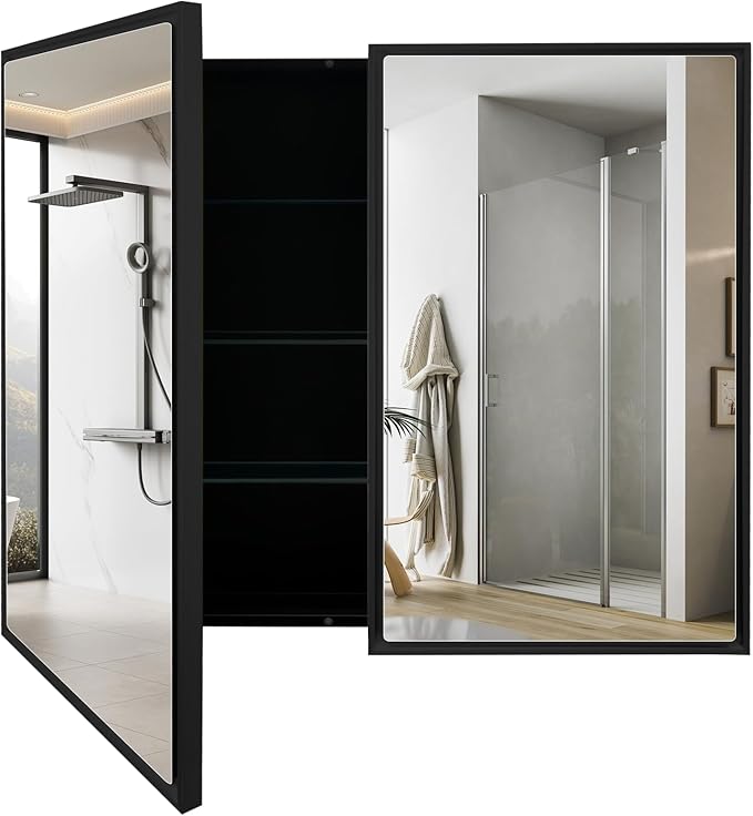 Medicine Cabinet with Aluminum Framed Mirror,36"x32" Surface Mount or Recessed Mount Bathroom Vanity Mirror,Single Door Bathroom Mirror with Storage Cabinet