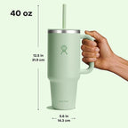 Hydro Flask Travel Tumbler with Handle, Lid and Straw - Insulated Stainless Steel in 40 Oz Aloe Green